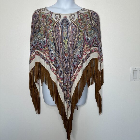 Chicos Fringe Poncho Paisley OS Boho Hippie - Picture 1 of 9